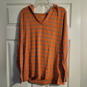 Natural Reflections Striped V Neck Long Sleeve Shirt with Hood